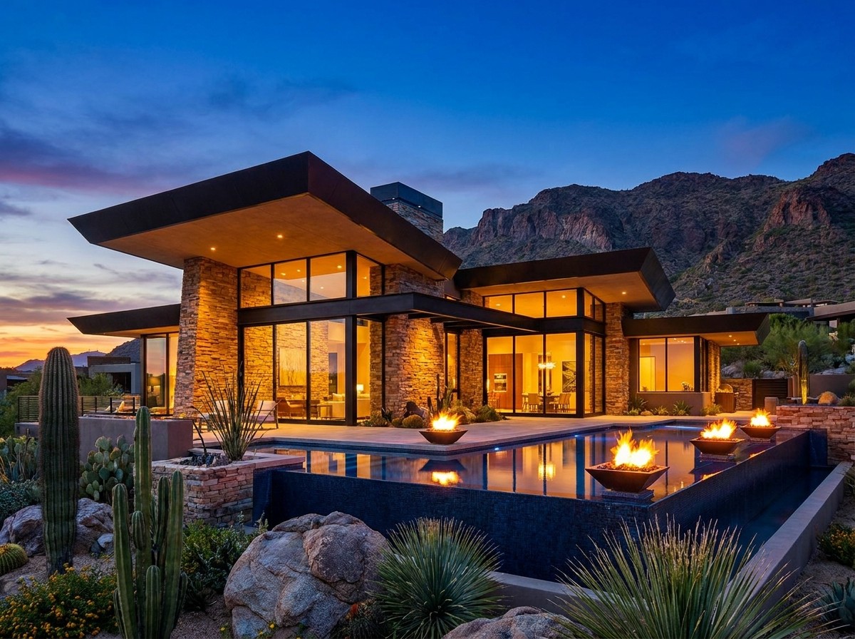 Modern desert luxury residence at twilight