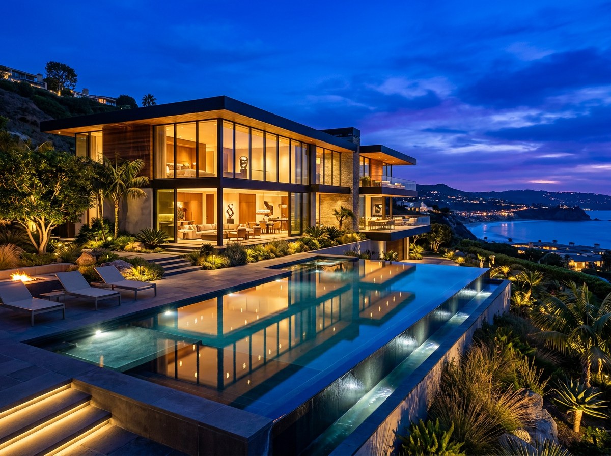 Clifftop modern estate at twilight
