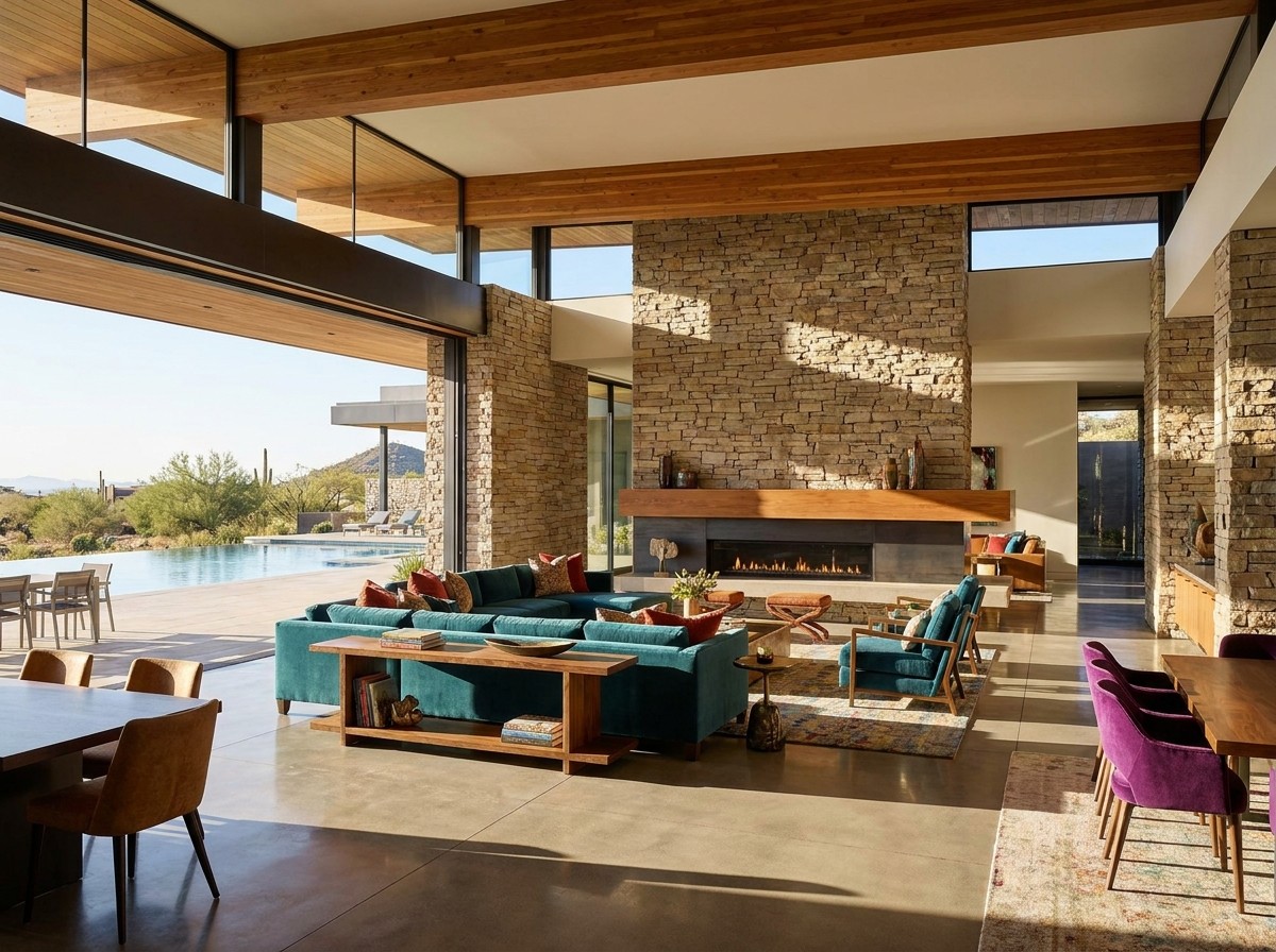 Open-concept great room with glass walls