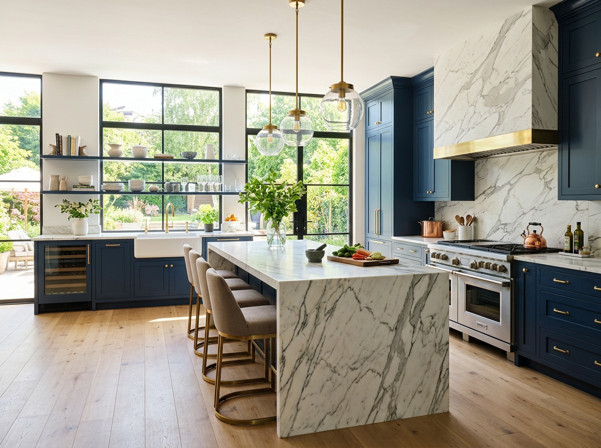 Luxury chef kitchen with waterfall island