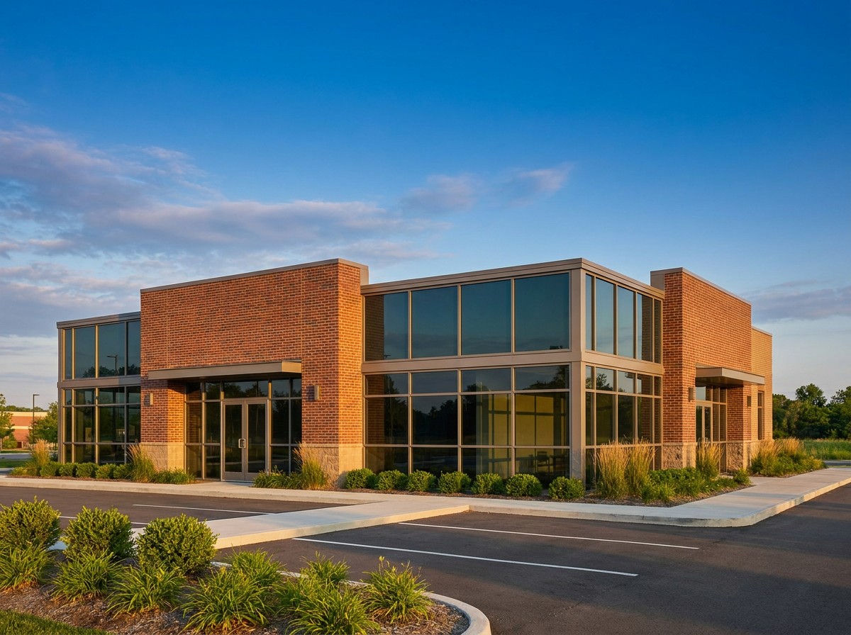Small commercial building and contractor yard at dusk