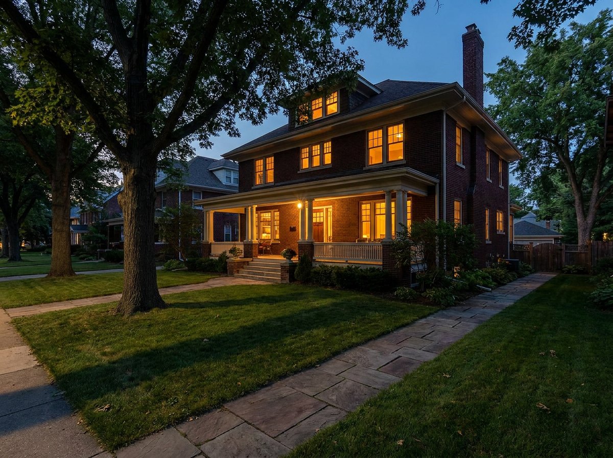 Established brick residential property at dusk